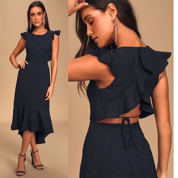 Lulu's Jacquard Sophisticated Soiree Navy Blue High Low Open Back Ruffles - Picture 1 of 15